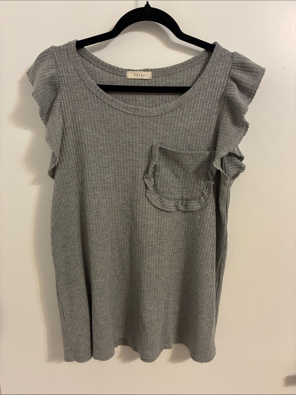 Entro Ruffle Sleeve Waffle Knit Tank — Gray Size Small